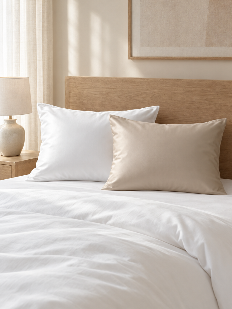 Kissenbezüge 60x80 in Weiß und Champagner-Beige auf einem Bett