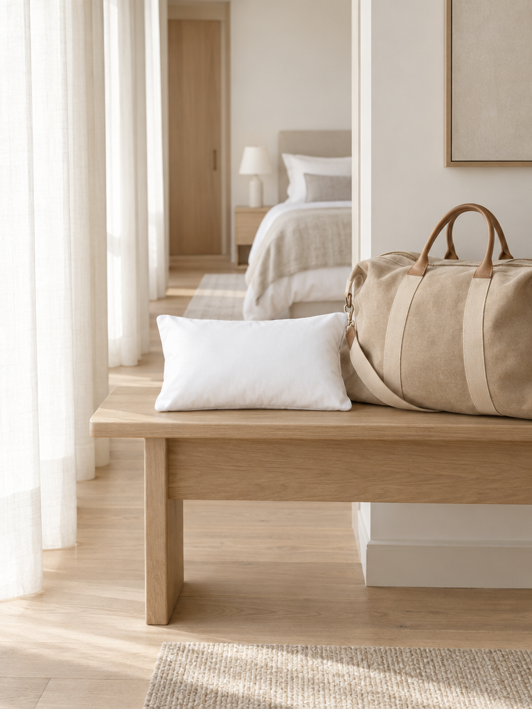 Kissenbezug 35 x 40 auf einem kleinen Reisekissen neben einer Reisetasche