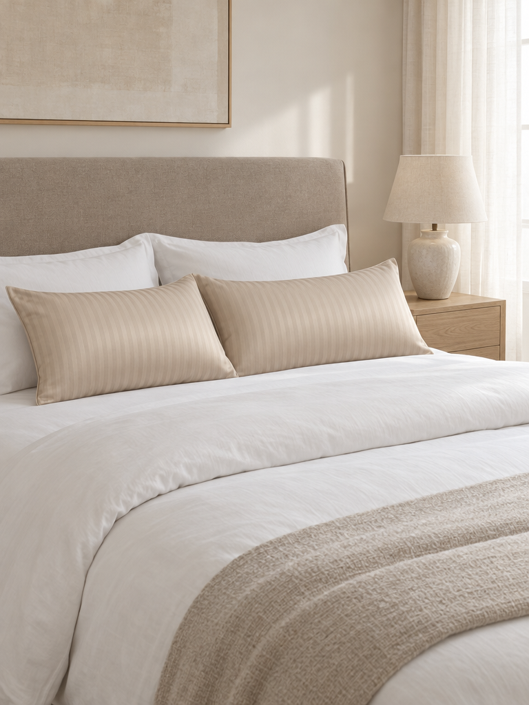 Kissenbezug 40x80 in Champagner-Beige auf einem hellen Bett
