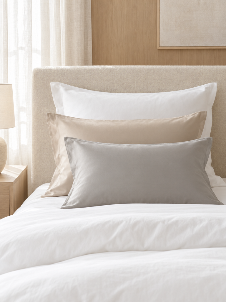 Kissenbezug in Beige, Grau und Weiß kombiniert auf einem Bett