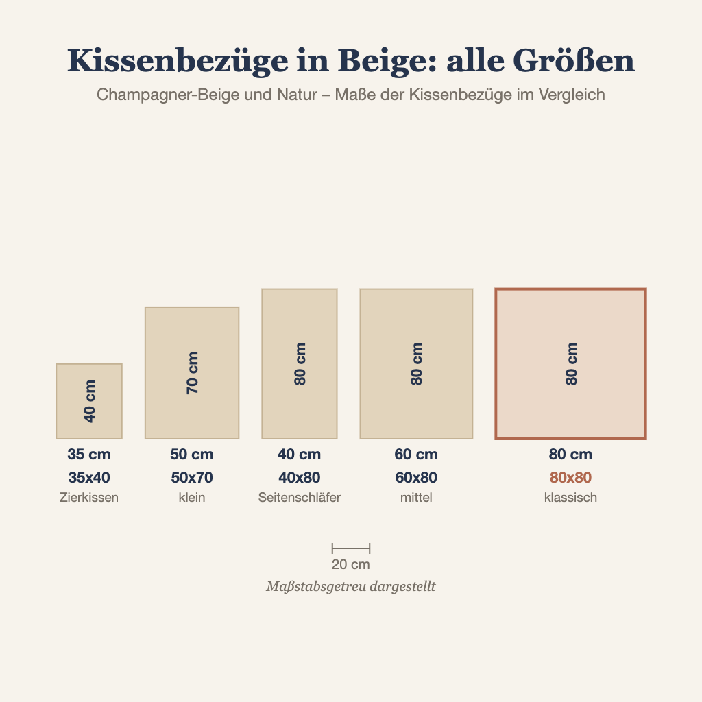 Grafik: Kissenbezüge in Beige in allen Größen maßstabsgetreu