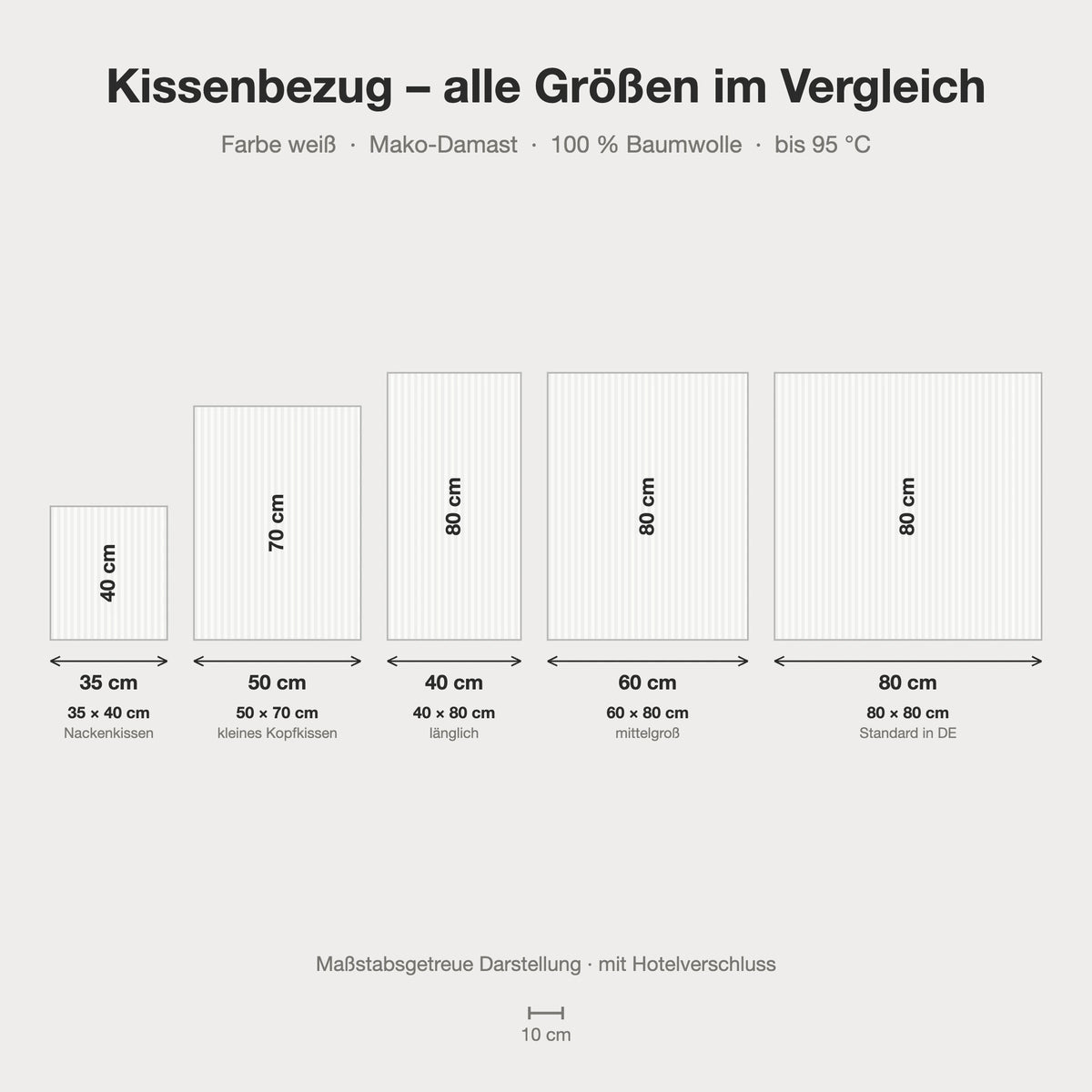 Kissenbezug Mako-Damast weiß mit 10-mm-Streifen – alle Größen maßstabsgetreu