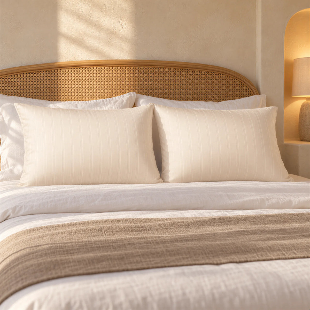 Kissenbezug Mako-Satin champagner-beige mit Feinstreifen – Kissen im Schlafzimmer