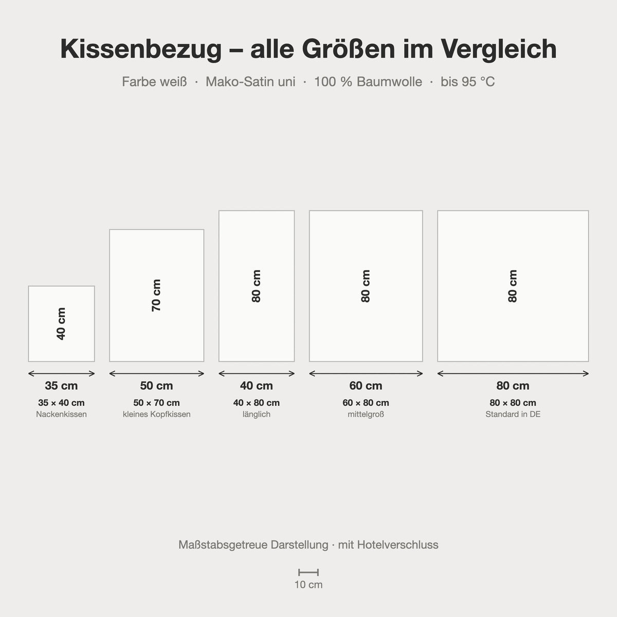 Kissenbezug Mako-Satin weiß uni – alle Größen maßstabsgetreu