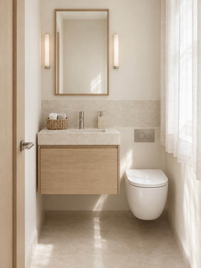 Kleine Gästehandtücher gerollt in einem Korb im schmalen Gäste-WC