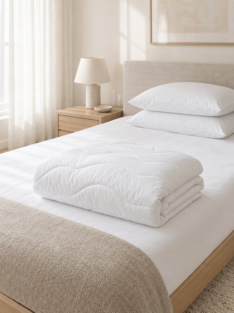Kochfeste Ganzjahresdecke frisch gefaltet auf dem Bett mit weißen Kissen