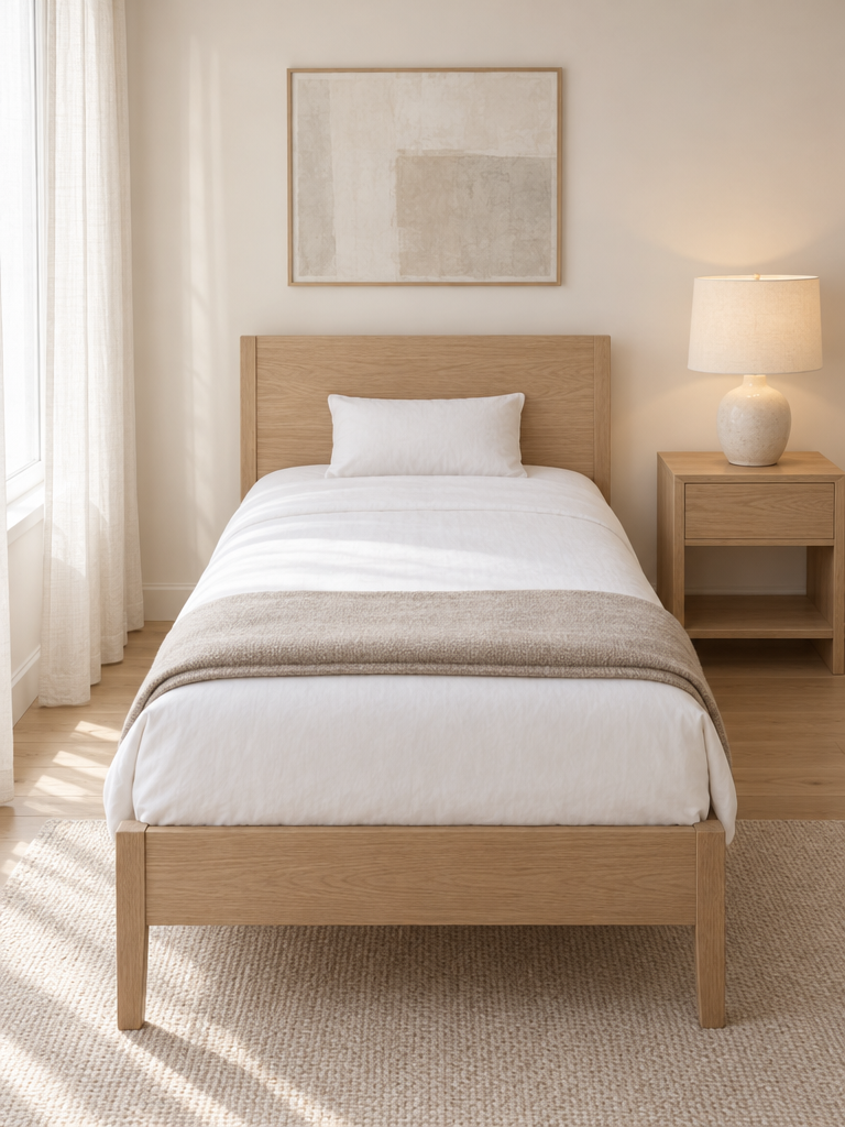 Kopfkissen 40x60 als kompaktes Kissen auf einem hellen Einzelbett