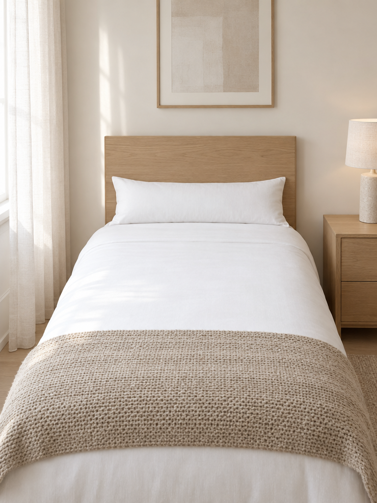 Kopfkissen 40x80 auf einem hellen Bett mit weißer Bettwäsche