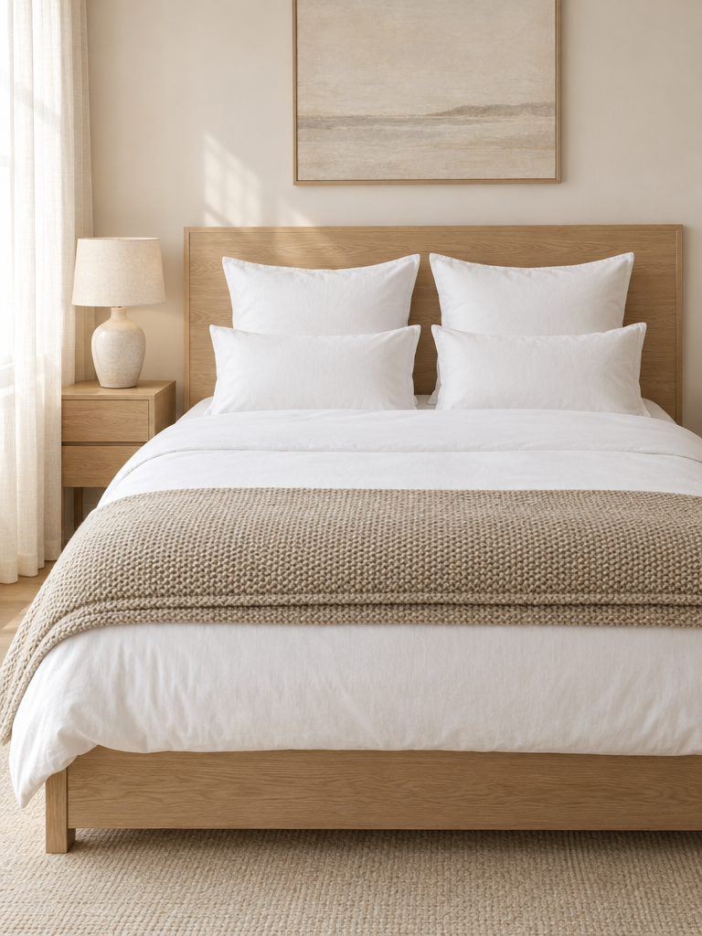 Kopfkissen in Hotelqualität auf einem hell bezogenen Bett mit Eichenkopfteil