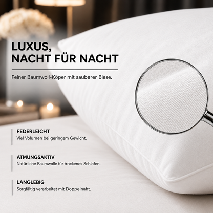 Premium Kopfkissen mit sibirischen Gänsedaunen – Detailansicht mit Lupe