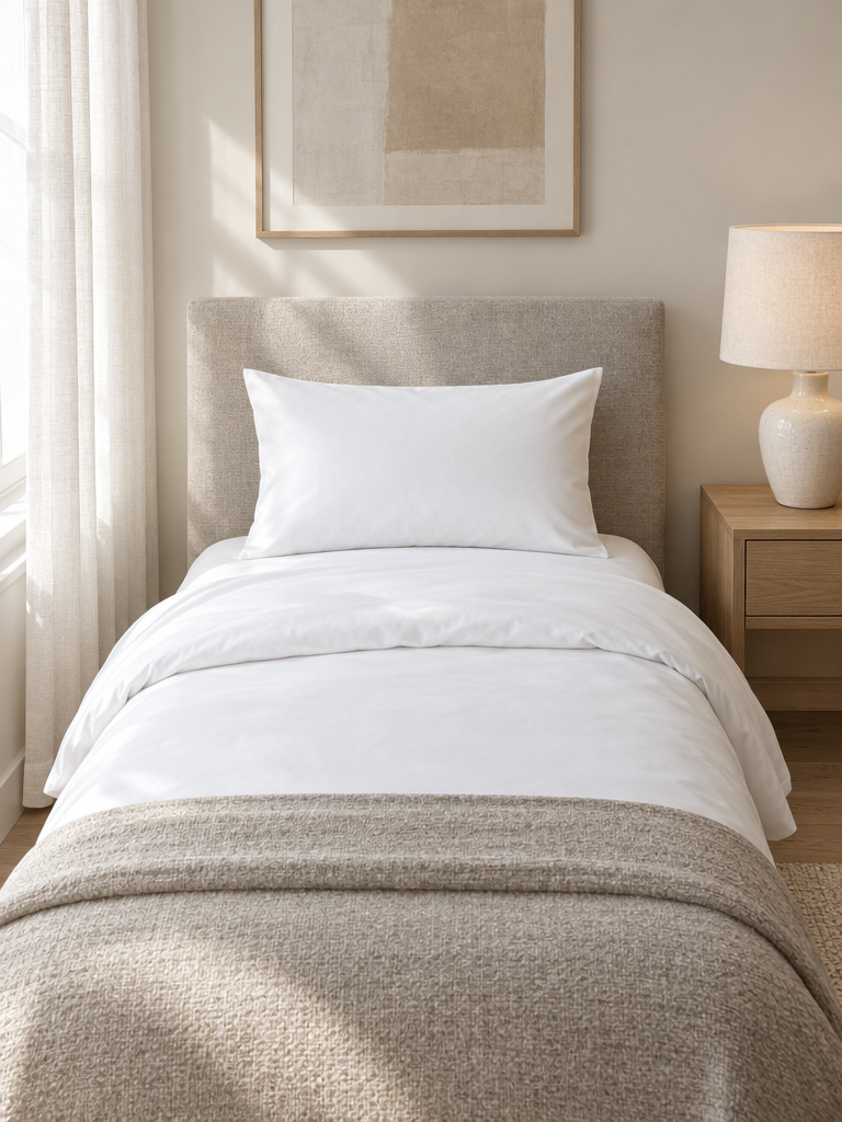 Kopfkissenbezug 50x70 glatt bezogen auf einem Einzelbett