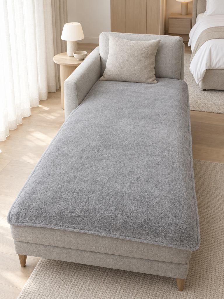Kuscheldecke 150x200 in Silbergrau ausgebreitet auf einer Recamiere