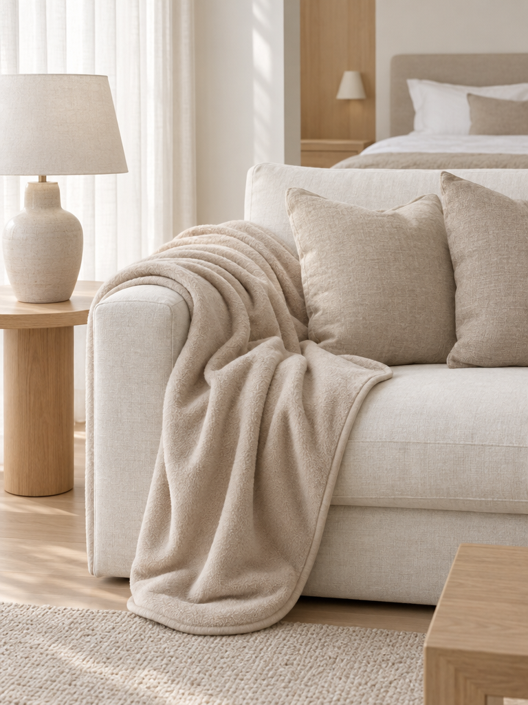 Kuscheldecke in Beige locker auf einem hellen Sofa im Wohnzimmer