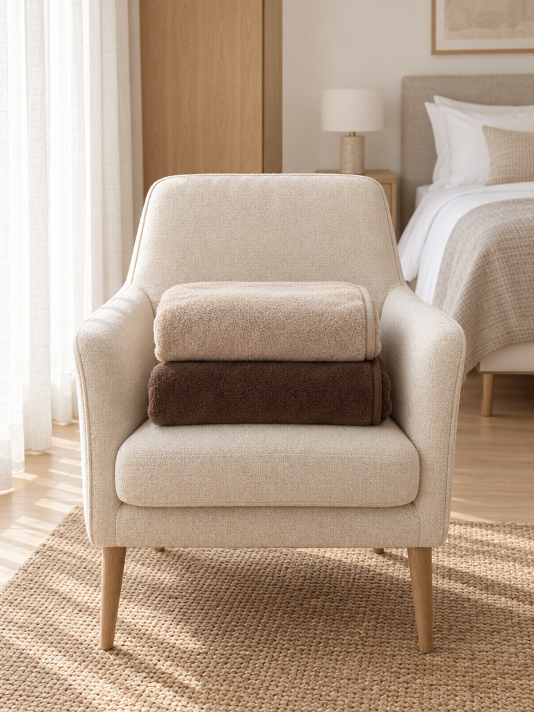 Kuscheldecke in Braun und Beige gefaltet auf einem cremefarbenen Sessel