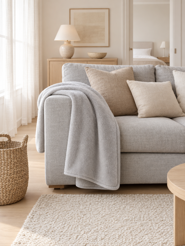 Kuscheldecke für die Couch in Hellgrau mit Kissen in Sand