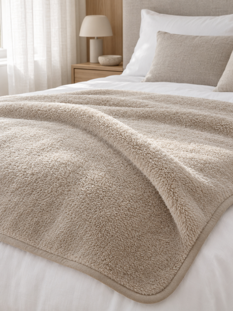 Kuscheldecke flauschig: weicher Fleece-Flor in Beige auf dem Bett im Detail
