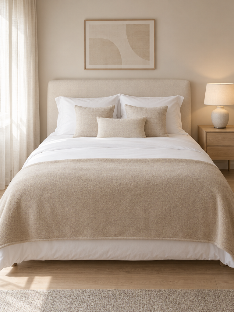 Kuscheldecke in Beige als Wärmeschicht über dem Fußende des Bettes