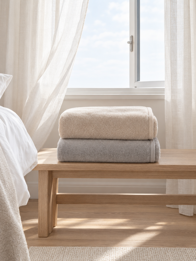 Frisch gewaschene Kuscheldecken gefaltet am geöffneten Fenster