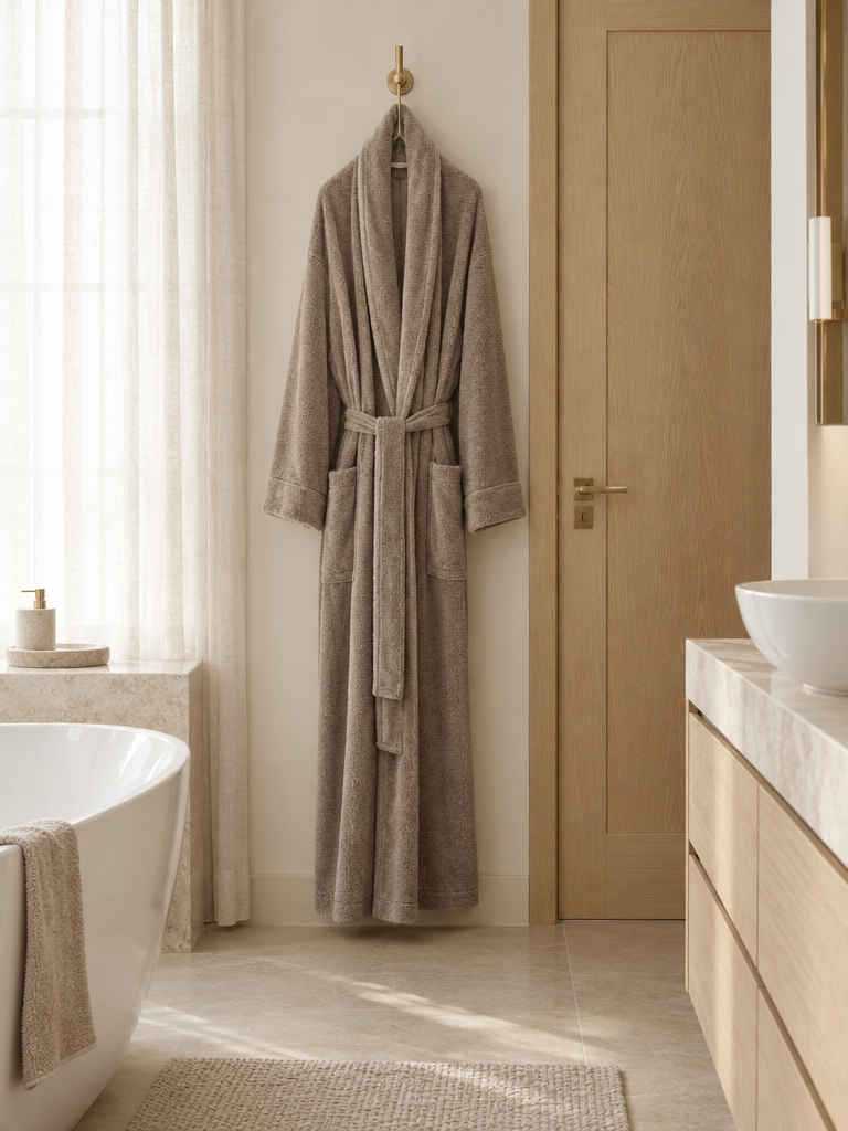 Langer Bademantel für Herren in Taupe an einem Haken neben der Badezimmertür