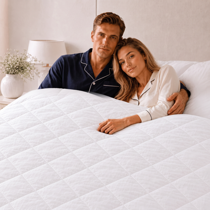 Paar im Bett unter der leichten Sommerdecke mit Rautensteppung