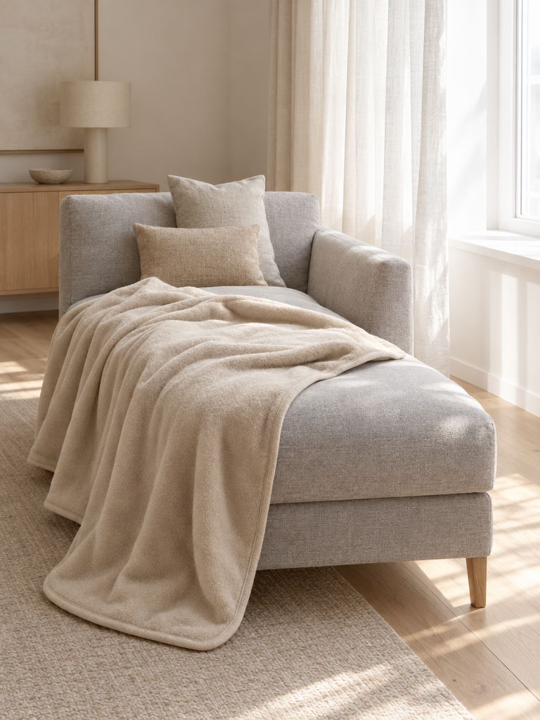 Leichte Wohndecke in Beige halb über einer Recamiere im Sommerlicht