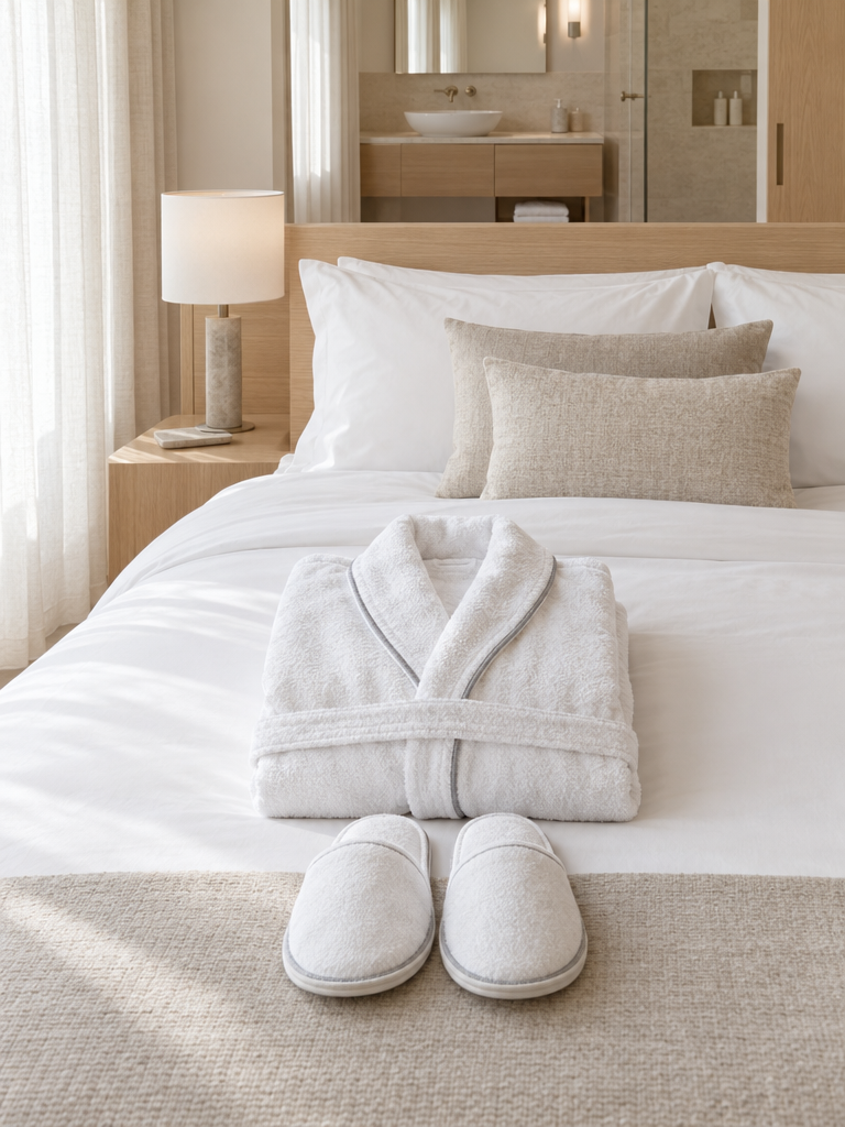 Luxus Bademantel für Herren in Weiß gefaltet mit Hausschuhen auf einem Hotelbett