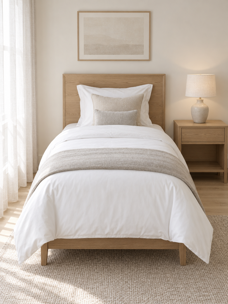 Mako Satin Bettwäsche 135x200 auf einem Einzelbett mit Eichen-Kopfteil