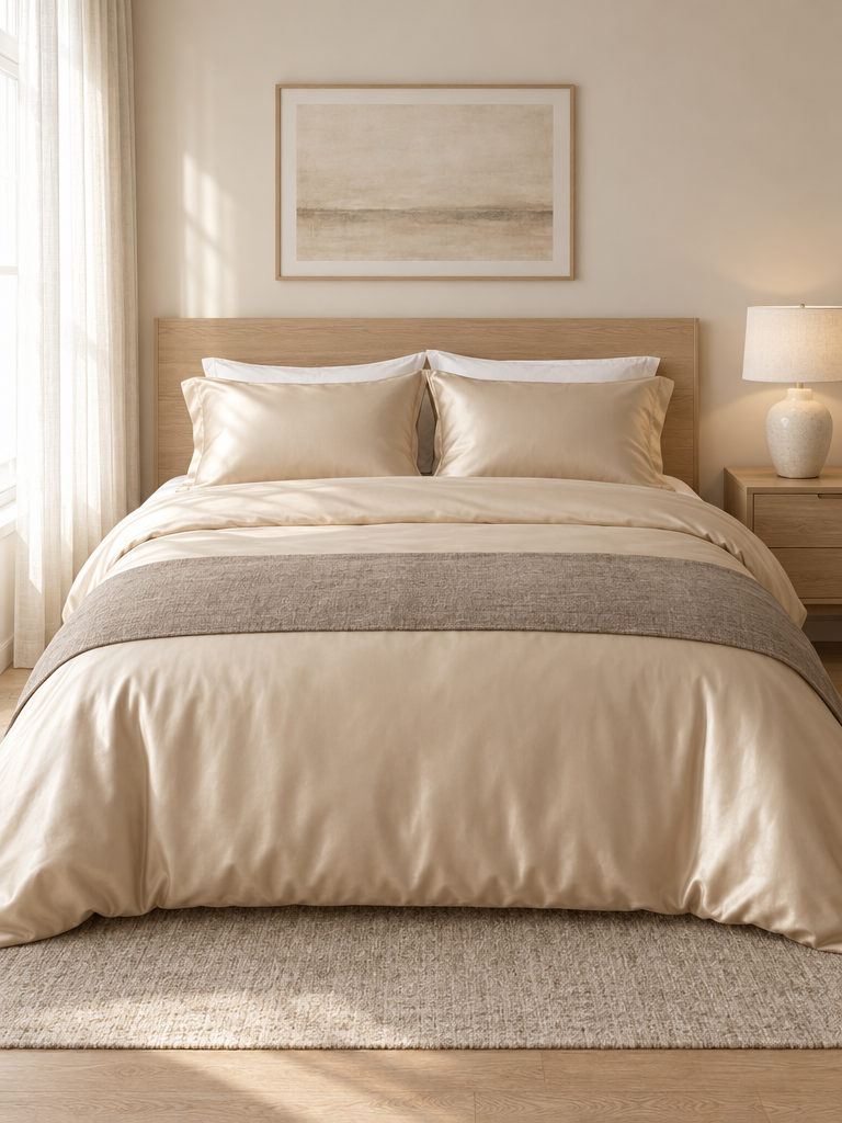 Mako Satin Bettwäsche beige in Champagner mit warmem Schimmer