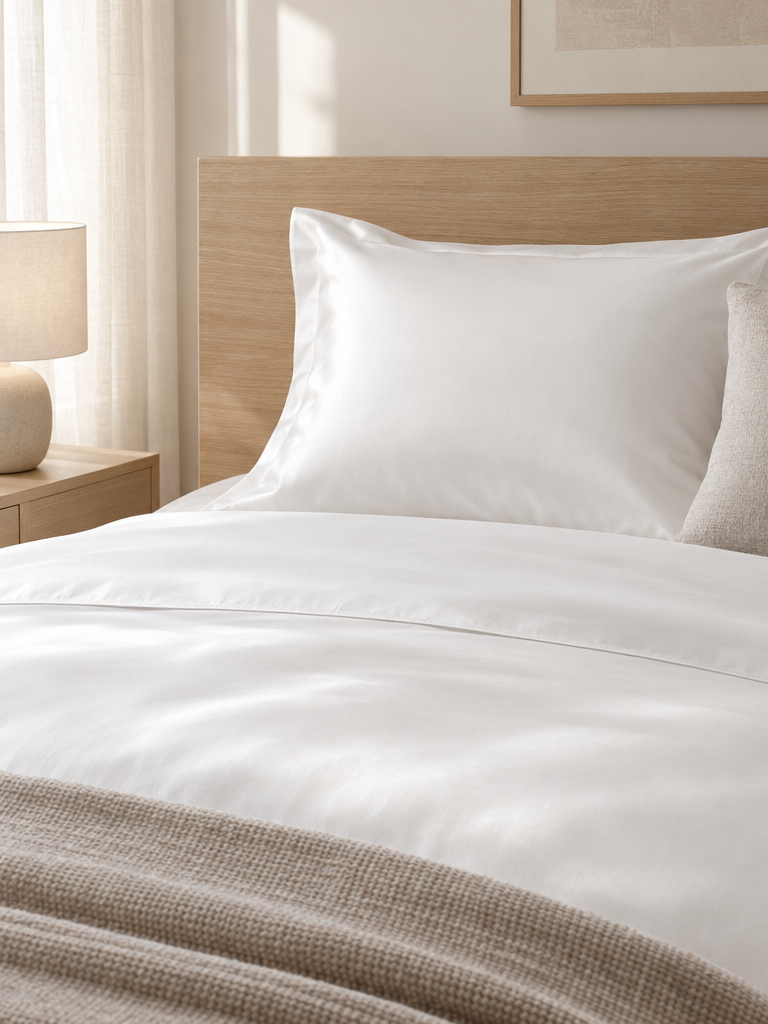 Mako-Satin Bettwäsche in Weiß mit dezentem Glanz auf einem Bett aus heller Eiche