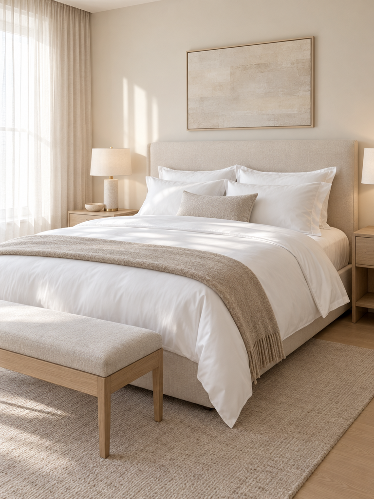 Mako-Satin-Bettwäsche in Weiß mit sanftem Glanz auf einem hellen Bett