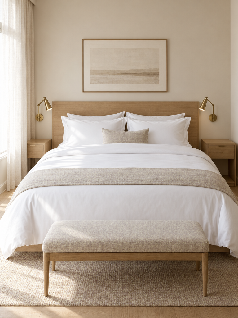 Luxus Bettwäsche Mako Satin in Weiß im Hotel-Look auf einem gemachten Bett