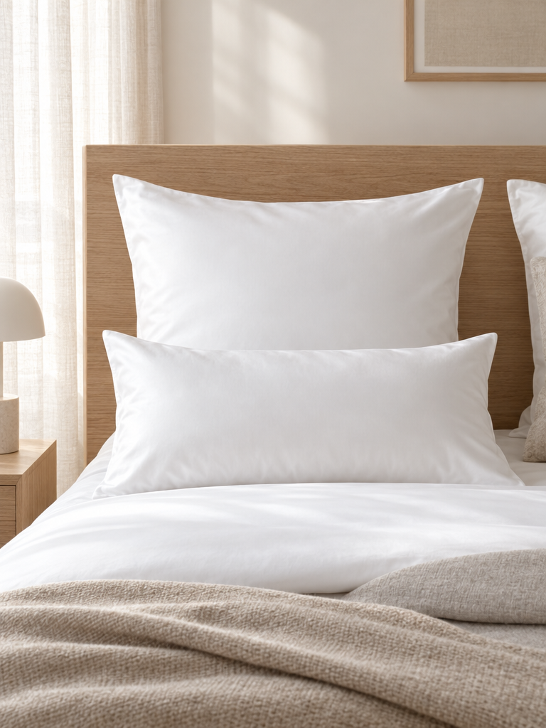Mako Satin Kissenbezug 40x80 und Kissen 80x80 am Kopfteil