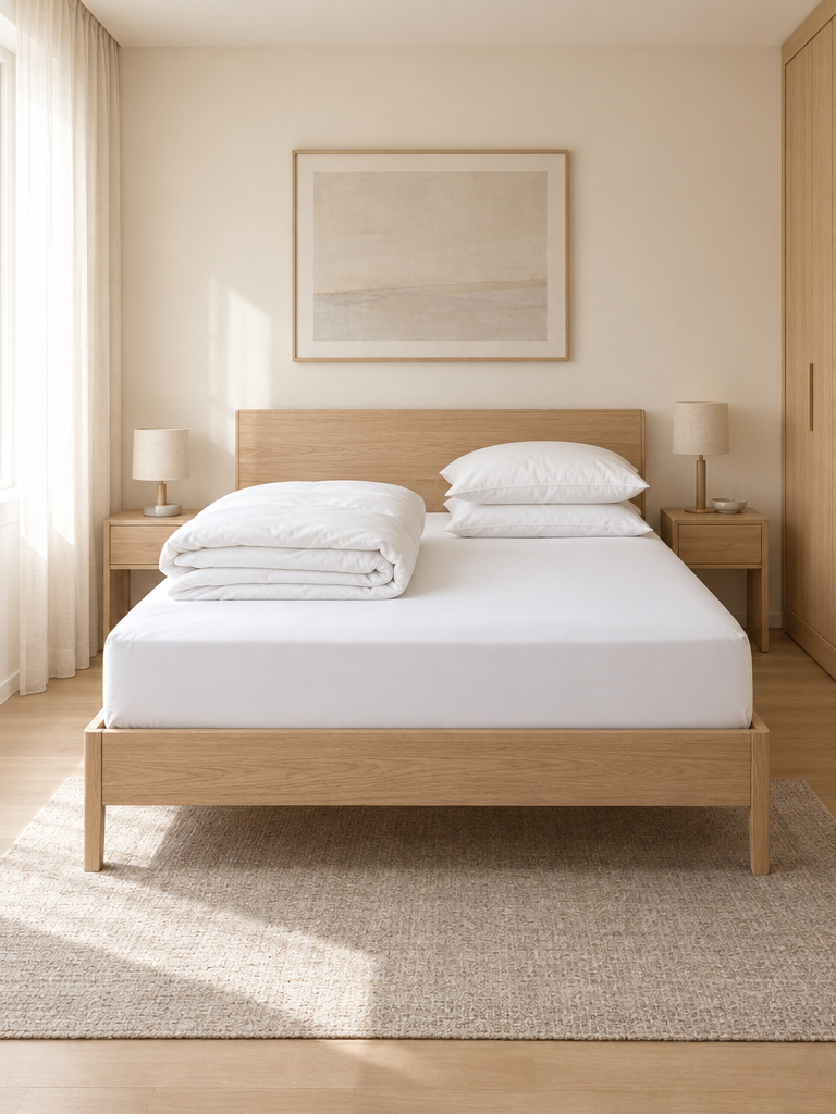 Matratzenschoner 140x200 auf einem Doppelbett im Gästezimmer