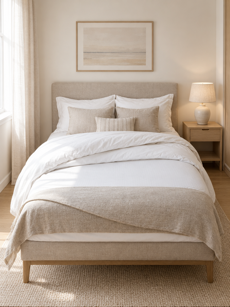 Matratzenschoner 140x200 auf einem französischen Bett im hellen Schlafzimmer