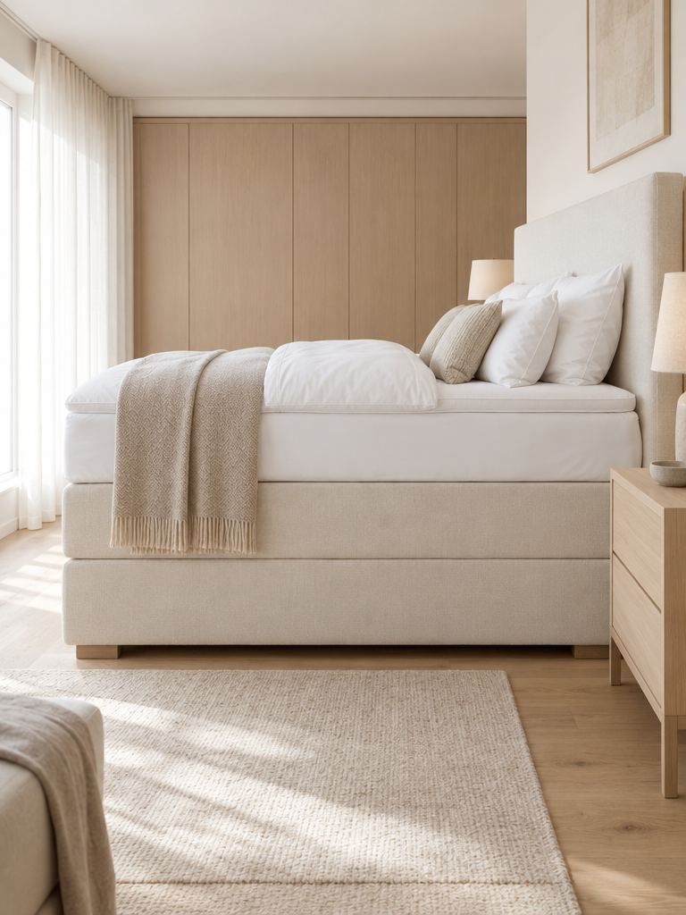 Matratzenschoner 200x200 auf einem hohen Boxspringbett