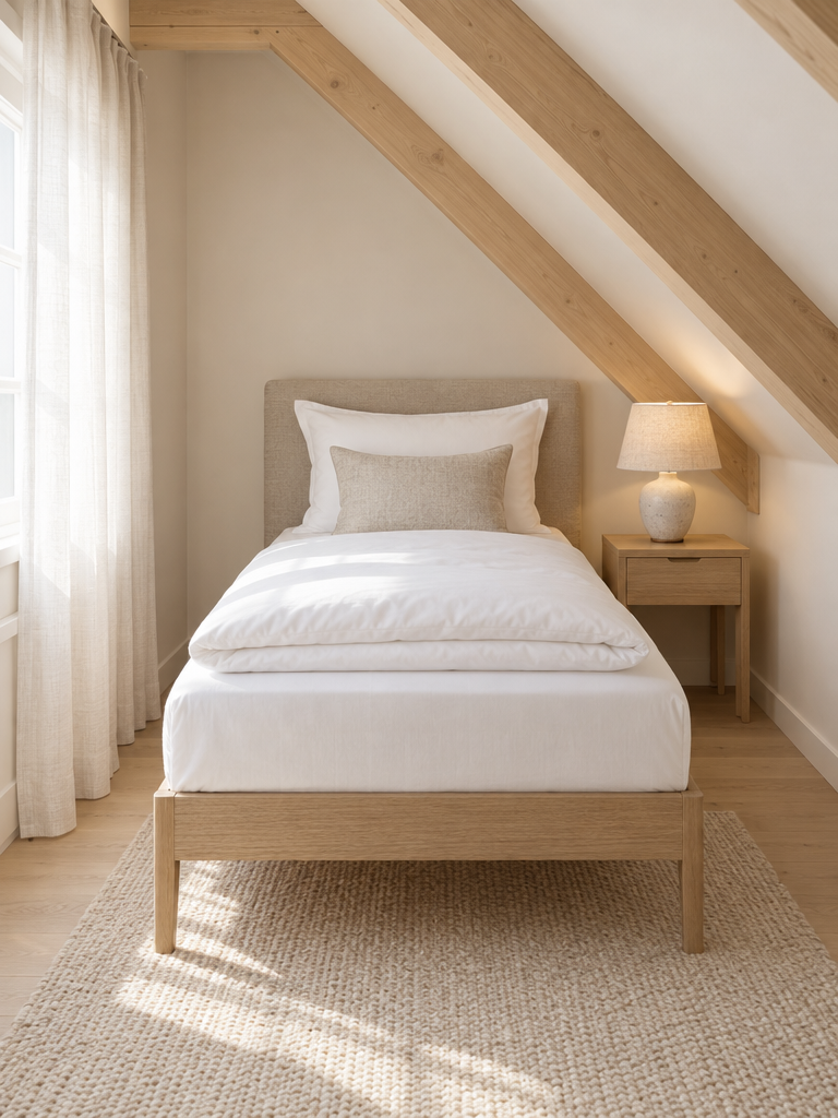 Schmales Gästebett mit Matratzenschoner 80 x 200 unter der Dachschräge