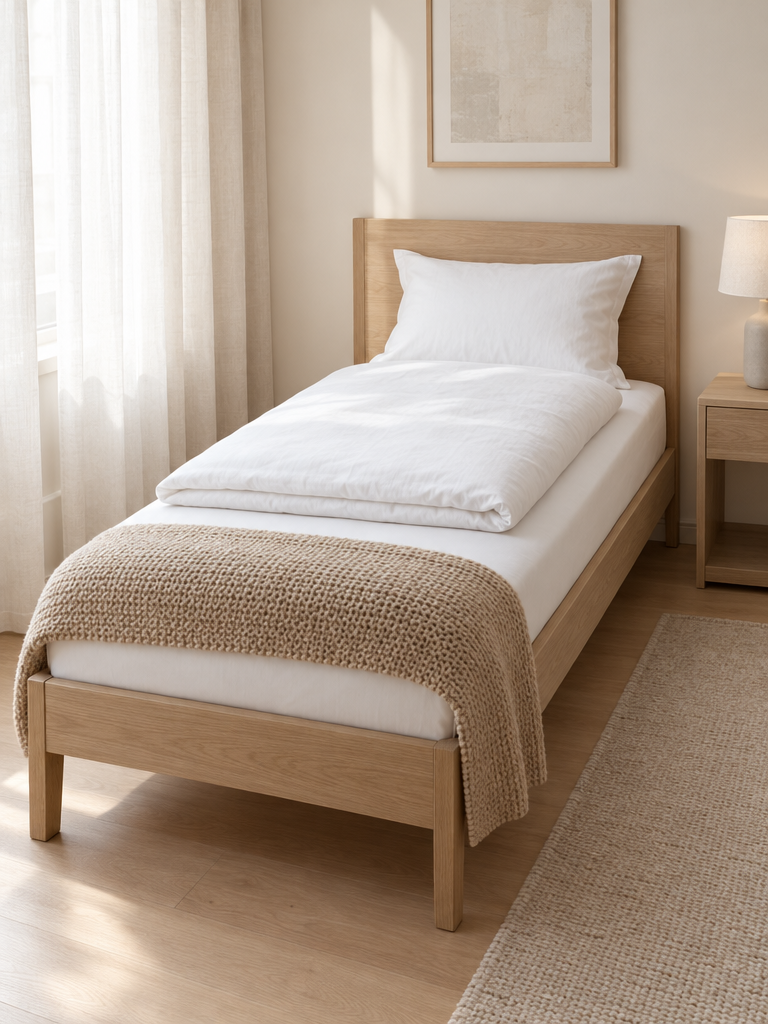 Matratzenschoner 80x200 auf einem schmalen Einzelbett aus heller Eiche