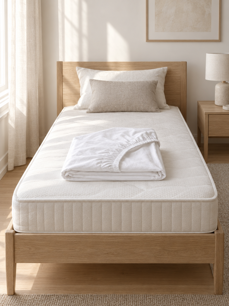 Frisch gewaschener Matratzenschoner 80x200, ordentlich gefaltet auf dem Bett