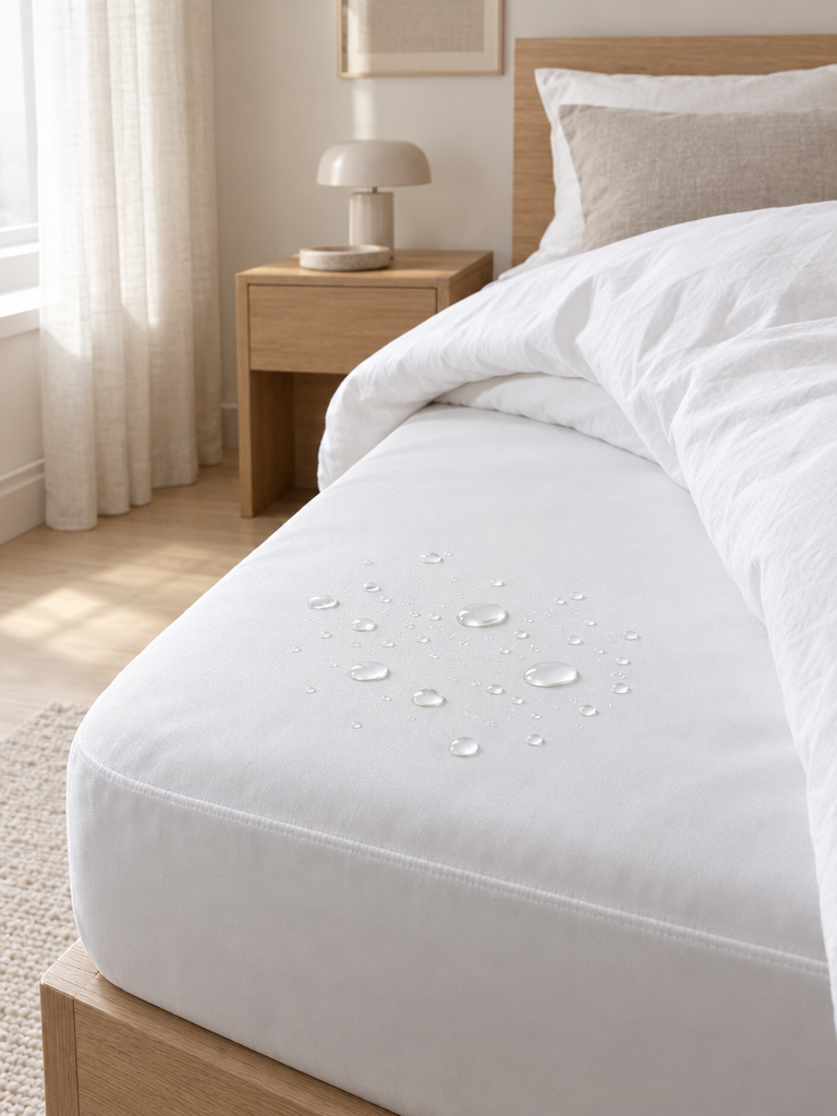 Matratzenschoner 80x200 wasserdicht mit Wassertropfen auf der Oberfläche