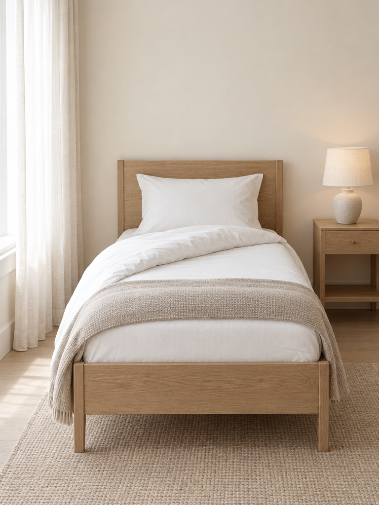 Matratzenschoner 90x200 auf einem Einzelbett im hellen Zimmer