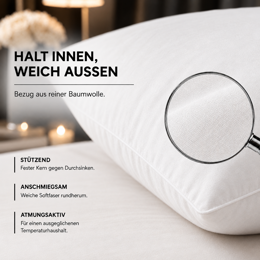 Mehrkammerkissen mit Stützkern und Faserfüllung – Detailansicht mit Lupe