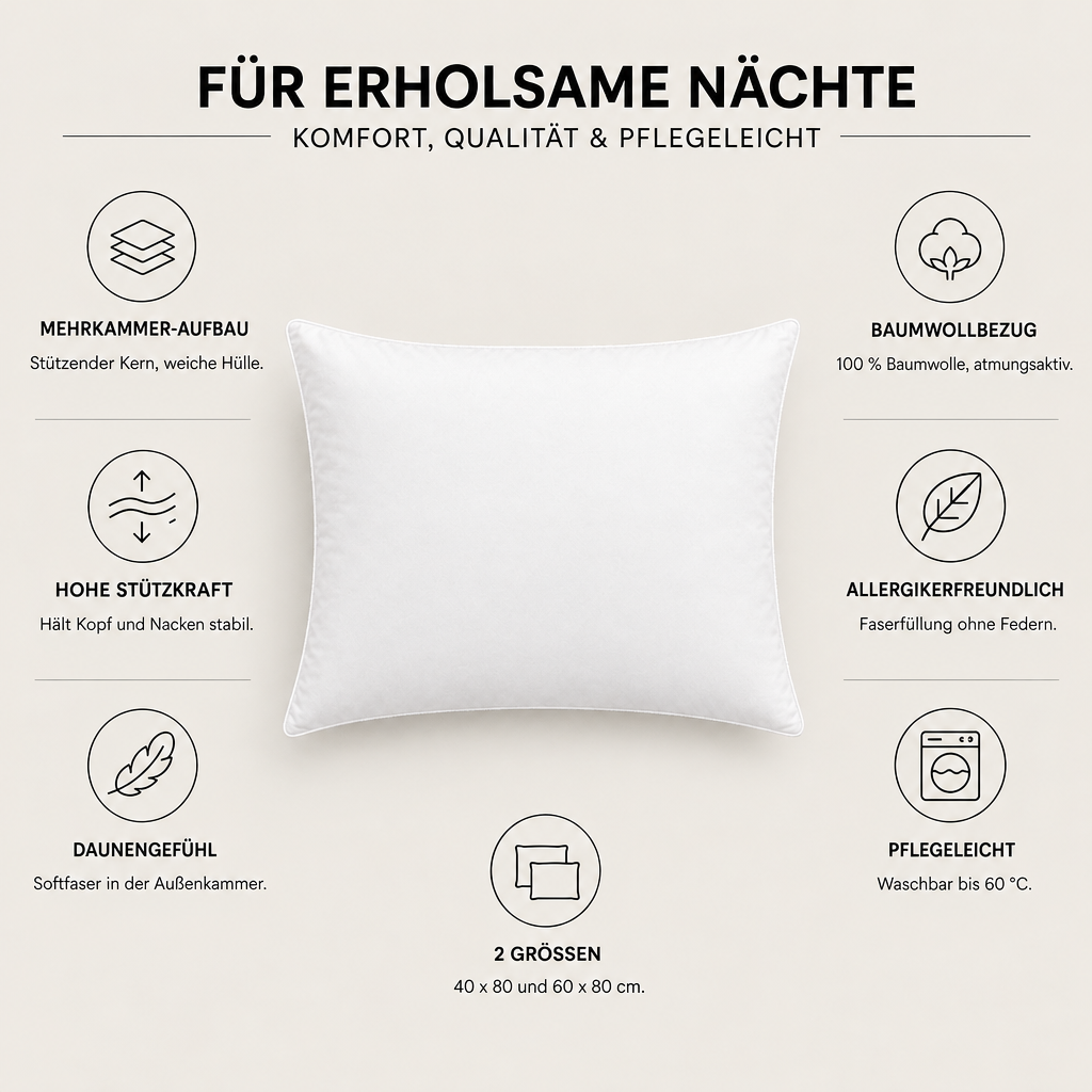 Mehrkammerkissen mit Stützkern und Faserfüllung – Eigenschaften im Überblick