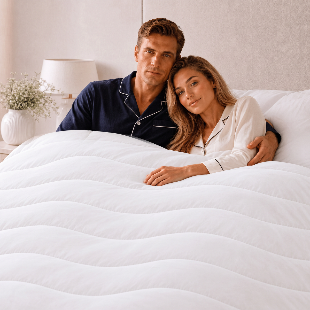 Paar im Bett unter der Mikrofaser Bettdecke mit Wellensteppung