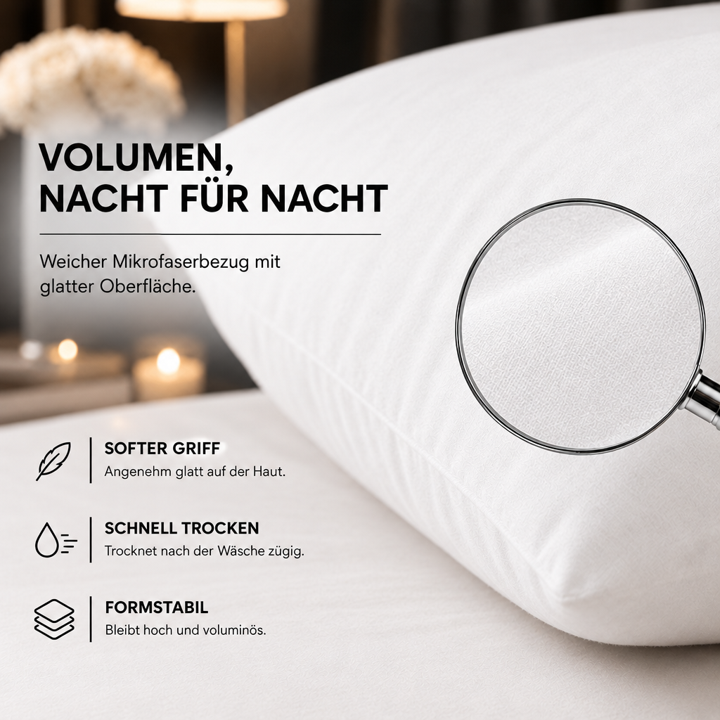 Mikrofaser Kopfkissen – fest und voluminös – Detailansicht mit Lupe