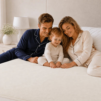 Familie auf dem Bett mit Molton-Auflage in Natur als Matratzenschutz
