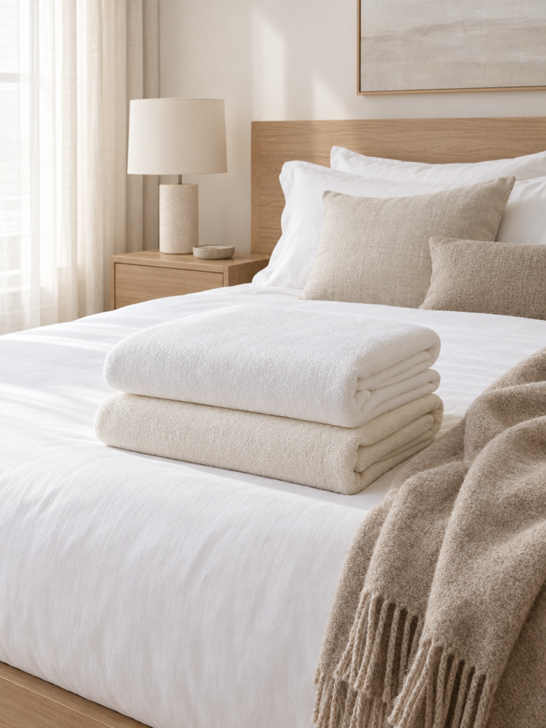 Frisch gewaschener Molton Matratzenschoner gefaltet auf dem Bett