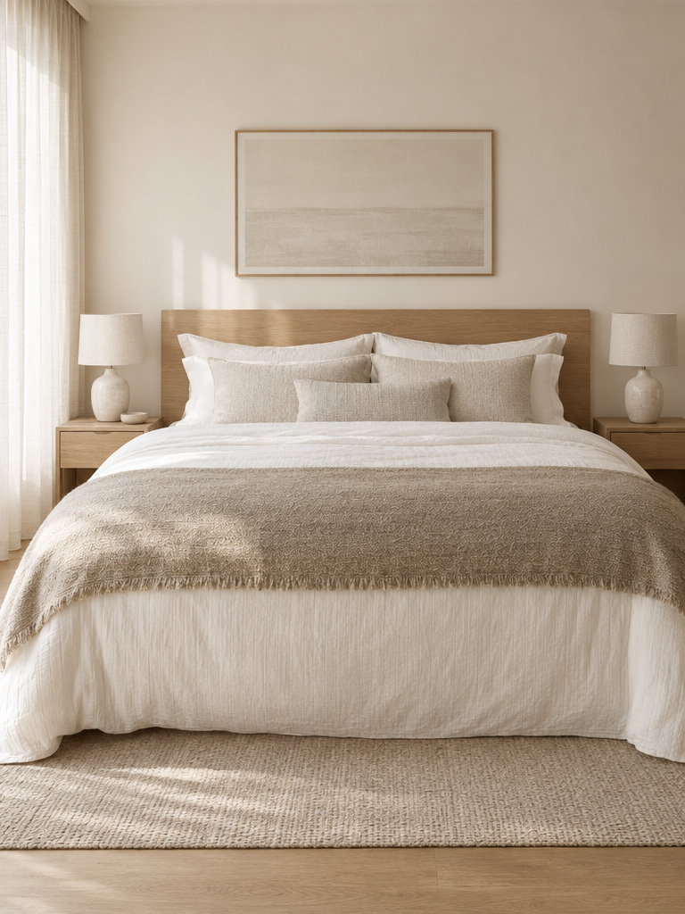Musselin Bettwäsche 240x220 in Creme auf einem Bett