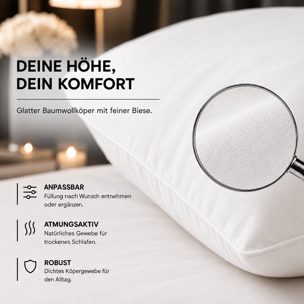 Nachfüllbares Faser-Kopfkissen mit Baumwollköper – Detailansicht mit Lupe