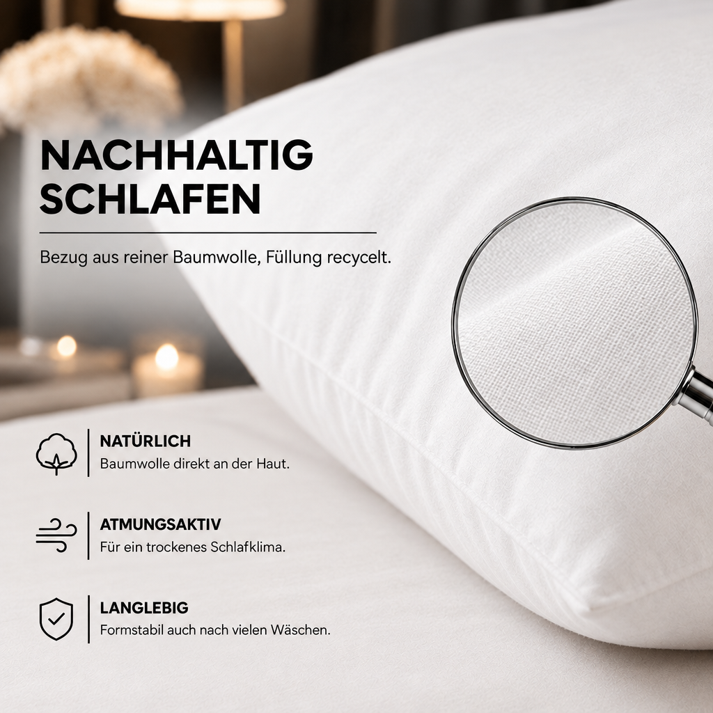 Nachhaltiges Kopfkissen aus recycelter Faser mit Baumwollbezug – Detailansicht mit Lupe
