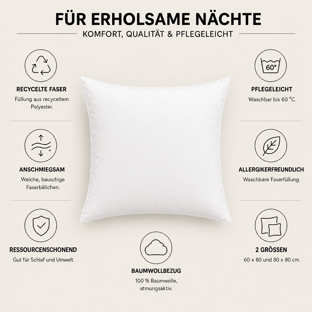 Nachhaltiges Kopfkissen aus recycelter Faser mit Baumwollbezug – Eigenschaften im Überblick
